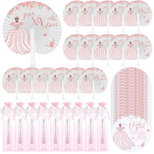 CroBlissful Quinceanera Gastgeschenke für Gäste, Dankeschön, Faltbarer Papierfächer mit Karte, Handfächer mit Prinzessinnen-Design, Geschenke, süß, 15 Partyzubehör für Geburtstag, Mis Quitte Anos von CroBlissful