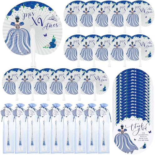 CroBlissful Quinceanera Gastgeschenke für Gäste, Dankeschön, faltbarer Papierfächer mit Karte, Handfächer mit Prinzessinnen-Design, Geschenke, süß, 15 Partyzubehör für Geburtstag, Mis Quitte Anos von CroBlissful