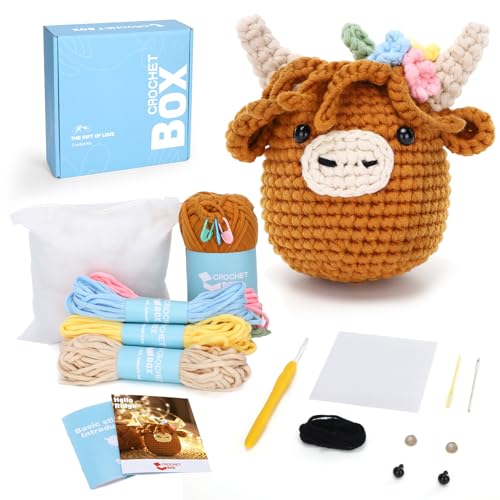 CrochetBox Komplettes Häkelset für Anfänger, Gelb-braun Schottisches Hochlandrind Häkelset, Video-Tutorial einbeziehen, Anleitung, Weiches Garn von CrochetBox
