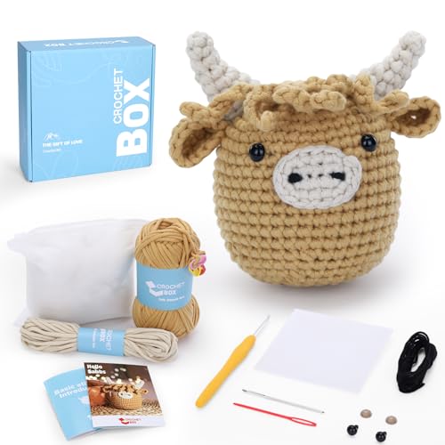 CrochetBox Komplettes Häkelset für Anfänger, Schottisches Hochlandrind Häkelset, Video-Tutorial einbeziehen, Anleitung, Weiches Garn von CrochetBox