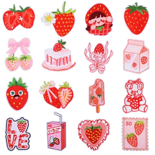Erdbeer-Aufnäher zum Aufbügeln, niedlich, rosa, bestickt, für Hüte, Taschen, Jacken, Kleidung, Kawaii-Cartoon-Applikationen für Bastelarbeiten, Heißpresse, 18 Stück Erdbeer-Aufnäher zum Aufbügeln, niedlich, rosa, bestickt, für Hüte, Taschen, Jacken, Kleidung, Kawaii-Cartoon-Applikationen für Bastelarbeiten, Heißpresse, 18 Stück von Crocode tears