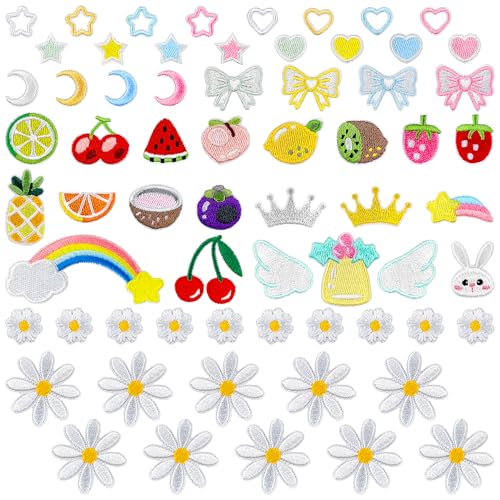 Mini-Aufnäher zum Aufbügeln für Kleidung, 65 Stück, niedlich, selbstklebend, bestickt, Set mit Gänseblümchen, Früchten, für Kinder, Trucker-Mützen für Jacken, Taschen, Leis Mini-Aufnäher zum Aufbügeln für Kleidung, 65 Stück, niedlich, selbstklebend, bestickt, Set mit Gänseblümchen, Früchten, für Kinder, Trucker-Mützen für Jacken, Taschen, Leis von Crocode tears