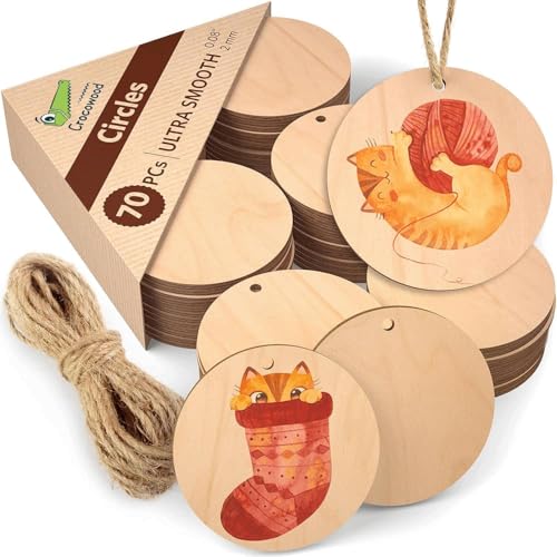 Crocowood 70 St Blanko Holzscheiben mit Loch - 4cm Rund Holzscheiben zum Basteln Bemalte Holzkreise - Unbehandelte Holzplättchen Rund für Streudeko & Weihnachten - Holz Basteln Holzscheibe Rund Crocowood 70 St Blanko Holzscheiben mit Loch - 4cm Rund Holzscheiben zum Basteln Bemalte Holzkreise - Unbehandelte Holzplättchen Rund für Streudeko & Weihnachten - Holz Basteln Holzscheibe Rund von Crocowood