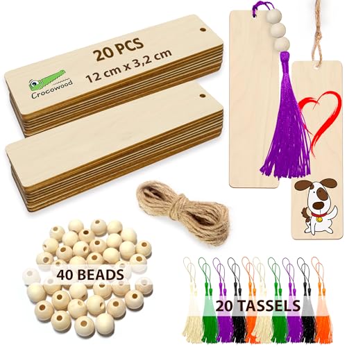Crocowood 80 St Holz Lesezeichen Blanko Set: 20 Blanko Lesezeichen Holz + 20 Bunten Quasten + 40 Holzperlen 12mm - Lesezeichen Holz Blanko für DIY - Lesezeichen aus Holz Geschenk für Lehrer Crocowood 80 St Holz Lesezeichen Blanko Set: 20 Blanko Lesezeichen Holz + 20 Bunten Quasten + 40 Holzperlen 12mm - Lesezeichen Holz Blanko für DIY - Lesezeichen aus Holz Geschenk für Lehrer von Crocowood