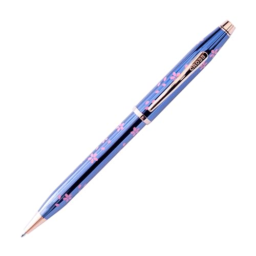 Cross Century II Kugelschreiber Cherry Blossom (Strichstäke M, Schreibfarbe: schwarz, Drehmechanik, inkl. Premium Geschenkbox) durchscheinender blauer Lack, Beschläge Edelstahl rosagold plattiert von Cross