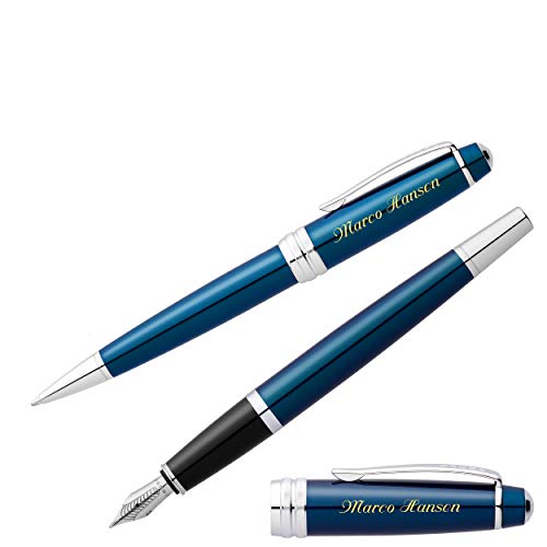 Cross Schreibset BAILEY Blau-Lack Kugelschreiber Füllfederhalter mit Laser-Gravur von Cross