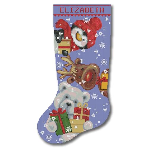 Gestempeltes Kreuzstich-Set für Erwachsene - Personalisierter Weihnachtsstrumpf mit Pinguin, Rentier & Eisbär - Zählmuster für Anfänger - DIY Urlaub Dekoration Gestempeltes Kreuzstich-Set für Erwachsene - Personalisierter Weihnachtsstrumpf mit Pinguin, Rentier & Eisbär - Zählmuster für Anfänger - DIY Urlaub Dekoration von CrossStitchStyleArte Modern Easy Cute