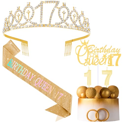 Crowye 17. Geburtstag Queen Party Dekorationen 17. Tiara Krone Schärpe Geburtstag Queen 17 Kuchen Topper Kerzen Dekorationen Partyzubehör Geschenke (Gold) von Crowye
