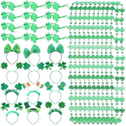 Crowye 36-teiliges St. Patricks Day Partygeschenk-Set mit 12 Kleeblatt-Gläsern, 12 St. Patricks Day-Halsketten, 12 Stirnbänder für Erwachsene, Party-Dekoration (mehrfarbig) von Crowye