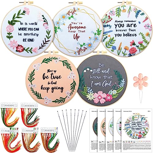 Crowye 5 Sets inspiriertes Zitat-Stickset für Anfänger und Erwachsene, motivierendes Stickerei-Starter-Set, florales Kreuz, gestempelt, Nadelspitzen-Set, Reifen, Fadennadeln für Erwachsene, von Crowye