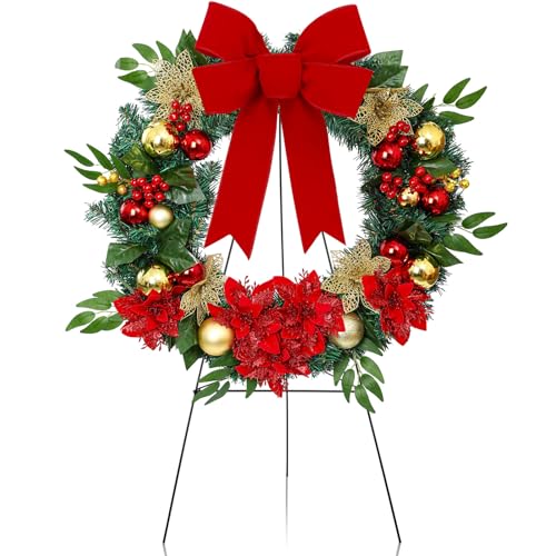Crowye 61 cm große Friedhofskränze für Gräber mit 76,2 cm Kranz, Staffelei, Ständer, Dekoration, rote Schleifen, WeihnachtsGrabstein-Dekoration für Gedenkschmuck, Dekoration (modern) von Crowye