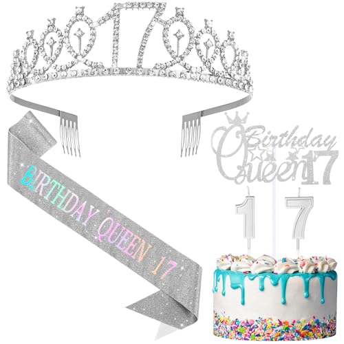 Crowye 17. Geburtstag Queen Party Dekorationen 17. Tiara Krone Schärpe Geburtstag Queen 17 Kuchen Topper Kerzen Dekorationen Partyzubehör Geschenke (Silber) von Crowye