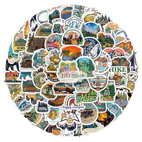 100 Stück Outdoor Sticker Pack, Wasserfeste Vinyl Vintage Reisen Etiketten Wandern Abenteuer Camping Aufkleber Pack für Wasserflaschen Autos Laptop Skateboard Helm von Crrynuo