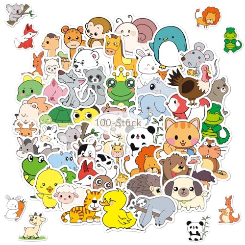 100 Stücke Tiere Aufkleber, Kinder Wasserfeste Vinyl Lustige Karikatur Tiermuster Stickers Set für Laptop, Wasserflaschen, Skateboards, Fahrräder, Gepäck Sticker für Jungen Mädchen von Crrynuo