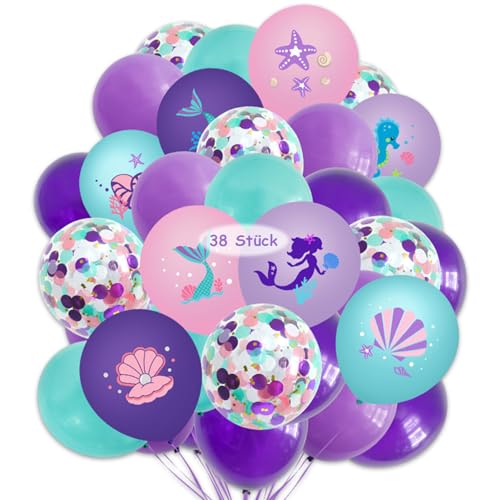 38 Stück Meerjungfrau Luftballon Set, 12 Zoll Meerjungfrau Luftballons Party Helium Ballons Geburtstag Deko Lila Türkis Konfetti für Mädchen Geburtstag Party Hochzeit Dekoration von Crrynuo