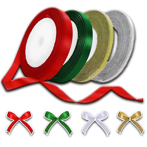 4 Rollen Weihnachtsband, 10 mm, glitzernd, dekoratives Weihnachtsband, goldfarbenes Band, rot, grün, silber, glitzernd, metallisches Band, Satin für Geschenkverpackungen, Hochzeit, Valentinstag 4 Rollen Weihnachtsband, 10 mm, glitzernd, dekoratives Weihnachtsband, goldfarbenes Band, rot, grün, silber, glitzernd, metallisches Band, Satin für Geschenkverpackungen, Hochzeit, Valentinstag von Crrynuo