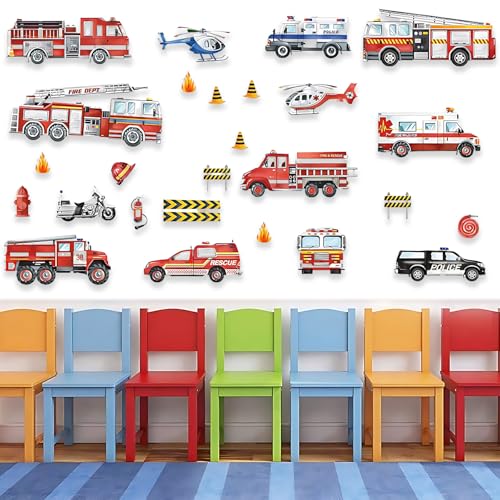 42x Wandtattoo Feuerwehr Polizei Set, 4x20x30cm Feuerwehrauto Wandaufkleber Autos,Transporte Junge Kinderzimmer Mädchen Wandsticker,Little Deco Babyzimmer Spielzimmer Wanddeko von Crrynuo