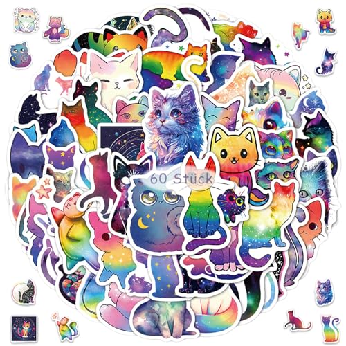 60 Stück Sternenhimmel-Katze Aufkleber, Wasserdichte Selbstklebende Vinyl Niedliche Ästhetische Cartoon-Regenbogen-Sternenhimmel-Katzen für Laptop, Scrapbook, Tagebuch, Wasserflasche 60 Stück Sternenhimmel-Katze Aufkleber, Wasserdichte Selbstklebende Vinyl Niedliche Ästhetische Cartoon-Regenbogen-Sternenhimmel-Katzen für Laptop, Scrapbook, Tagebuch, Wasserflasche von Crrynuo