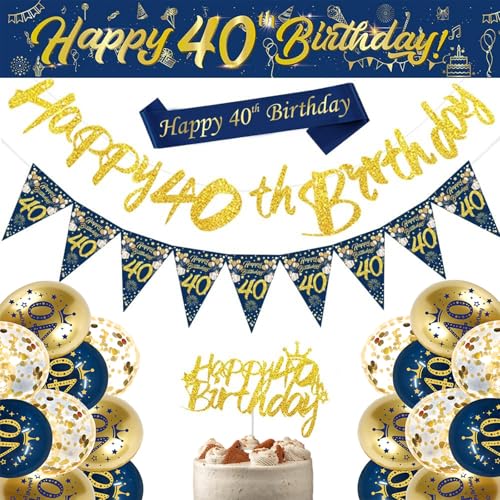 Dekoration zum 40. Geburtstag, für Männer, 1 Set blau-goldenes Banner zum 40. Geburtstag, Luftballons, Wimpelkette, Schärpe, Kuchendekoration für Männer, Partyzubehör zum 40. Geburtstag Dekoration zum 40. Geburtstag, für Männer, 1 Set blau-goldenes Banner zum 40. Geburtstag, Luftballons, Wimpelkette, Schärpe, Kuchendekoration für Männer, Partyzubehör zum 40. Geburtstag von Crrynuo