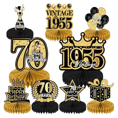 Dekorationen zum 70. Geburtstag, Waben-Mittelstücke, 9 Stück, Schwarz und Gold, Party-Dekorationen, Happy Birthday 1954, Tischdekoration für Männer und Frauen Dekorationen zum 70. Geburtstag, Waben-Mittelstücke, 9 Stück, Schwarz und Gold, Party-Dekorationen, Happy Birthday 1954, Tischdekoration für Männer und Frauen von Crrynuo