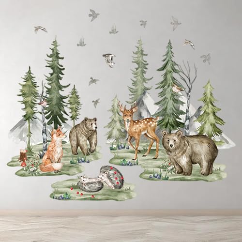 Wandtattoo Waldtiere Kinderzimmer, Cartoon Wald Baum Tiere Füchse Groß Reh Bär selbstklebende Wandaufkleber Wohnzimmer Schlafzimmer Wanddeko für Jungen und Mädchen von Crrynuo