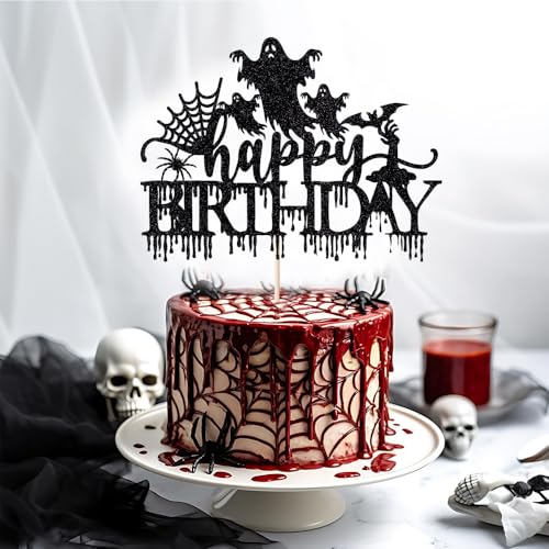Crseniny Halloween-Happy Birthday-Kuchenaufsatz, gruseliges Spukhaus, schwarzer Glitzerkuchenzubehör, Spinne, Fledermaus, gruselig, gruselig, Halloween-Thema, Geburtstagsparty-Dekorationen für Kinder von Crseniny