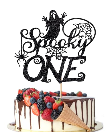 Crseniny Schwarzer glitzernder Tortenaufsatz, gruselige Hexe/Spinne, unser kleiner Boo ist eine Party-Dekoration, Halloween-Baby-Party-Dekorationen von Crseniny