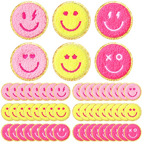 48 Stück Happy Face Aufnäher zum Aufbügeln, selbstklebend, lächelndes Gesichts, Glitzer, Chenille, adrettige Patches für Hüte, Rucksäcke, Jacken, Kleidung, DIY, Handwerk, dekorative Stickerei von Crtiin