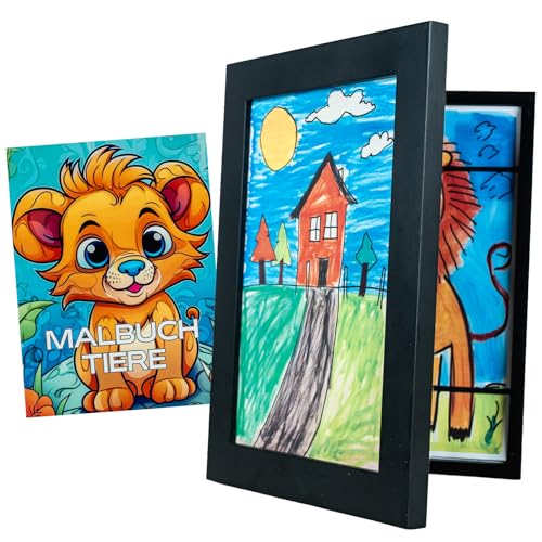 Cruciate Deals Kids – Bilderrahmen aus hochwertigem Holz für kinderzeichnungen A4 - Aufklappbar wechselbilderrahmen - mit Malbuch von Tieren (Schwarz) von Cruciate Deals Kids