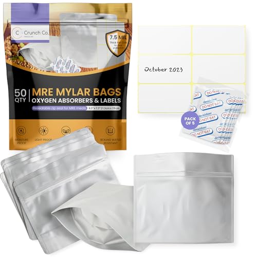 MRE Mylar-Beutel-Set – 50 x (7,5 mm – 19,1 x 21,6 cm) Stand-up-Reißverschlussbeutel, 50 x 400 cc Sauerstoffabsorber, 50 Etiketten. von Crunch Co.