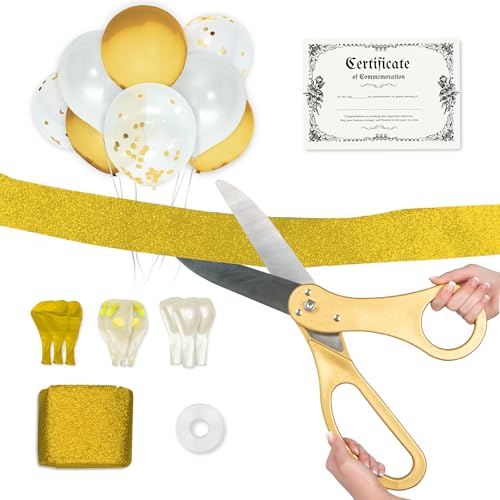Crutello Zeremonie-Set für Schleifenbänder, 53,3 cm, riesige Schere mit goldfarbenem Griff, 9 m glitzerndes riesiges Goldband, 10,2 cm breit, 24 Luftballons und 27,4 m Ballonband für große von Crutello