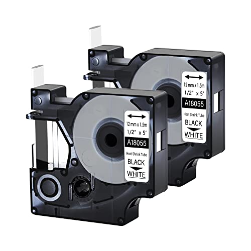 2 Stück kompatibel mit Dymo Rhino Schrumpfschlauch-Etiketten 18055, 12 mm x 1,5 m, funktioniert mit DYMO Rhino 4200 5200 6000 Industrial Label Makers, 18055 Schrumpf-Etikettenband, Schwarz auf Weiß von Cruxer