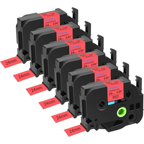 Cruxer 6 Stück Ersatz für P-Touch TZe-451 TZ451 TZe451 TZe451 24 mm roter Text auf weißem Klebeband, kompatibel mit ptouch PT-D600 D600VP P700 P750W P900W P950NW PTP710BT PT-9600 PT-H500LI von Cruxer