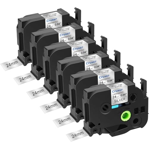 6er-Packung Kompatibel für P-touch TZe-951 TZe951 TZ-951 TZ951 24mm 0,94'' Laminierte Bänder Schwarz auf Silber, Schriftband Ersatz für PT-D600 D600VP P750W P900W P710BT 9600 H500LI Label Maker von Cruxer