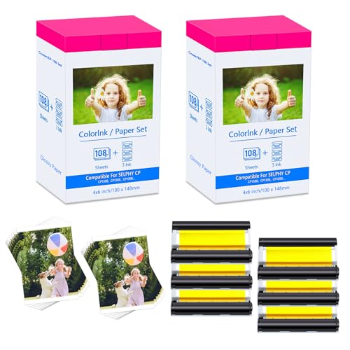 Compatible for Canon Selphy CP1300 CP1500 CP910 Fotopapier KP-108in 3115B001(AA) 10x15 for Cannon CP Selphy CP1000 CP1200 CP780 CP760 Printer 108 Sheets Photo Paper 3 Ink Cartridges per set, 2 Set von Cruxer