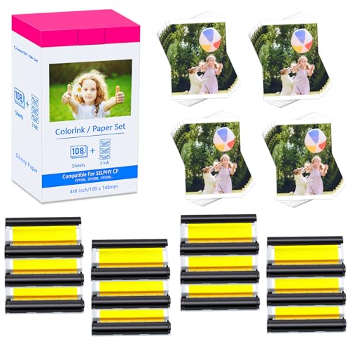 Compatible for Canon Selphy CP1300 CP1500 CP910 Fotopapier KP-108in 3115B001(AA) 10x15 for Cannon CP Selphy CP1000 CP1200 CP780 CP760 Printer 108 Sheets Photo Paper 3 Ink Cartridges per set, 4 Set von Cruxer