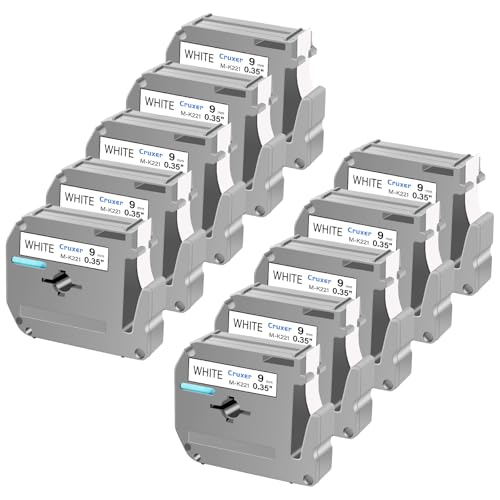 Cruxer 10 Packung Ersatz für P Touch M-K221 MK221 M221 Schwarz auf Weiß 9mm 0,35 3/8 M Klebeband Weiß für Ptouch PT-M95 PT-80 PT-90 PT-70 PT-55 PT-65 PT-85 PT-45 PT-70BM PT-100 Etikettendrucker von Cruxer