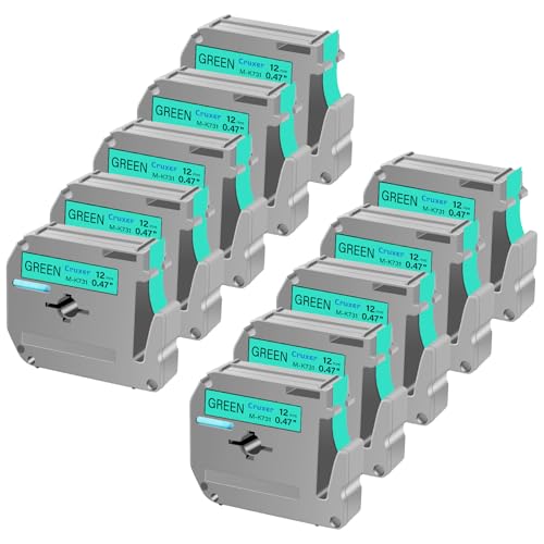 Cruxer 10 Packung Ersatz für P Touch M Schriftbänder M-K731 MK731 M731 M-K731s, Schwarz auf Grün, 12 mm, 0,47 1/2, für Ptouch PT-M95 PT-80 PT-90 PT-70 PT-65 PT-85 PT-45 PT-70BM Etikettendrucker von Cruxer