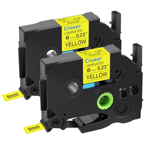 Cruxer 2er-Packung Kompatibel für P-touch TZe-611 TZe611 TZ-611 TZ611 6mm 0,23'' Laminierte Bänder Schwarz auf Gelb, Schriftband Ersatz für PT-D200 PT-D210 PT-D400 PT-D450 D600 H100 1230PC Maker von Cruxer
