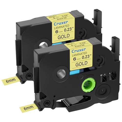 Cruxer 2er-Packung Kompatibel für P-touch TZe-811 TZe811 TZ-811 TZ811 6mm 0,23'' Laminierte Bänder Schwarz auf Gold, Schriftband Ersatz für PT-D200 PT-D210 PT-D400 PT-D450 D600 H100 1230PC Maker von Cruxer