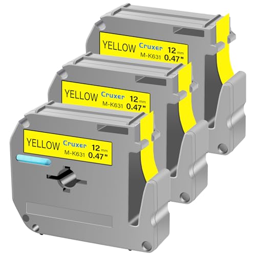 Cruxer 3 Packung Ersatz für P Touch M Schriftbänder M-K631 MK631 M631 M-K631s, Schwarz auf Gelb, 12 mm, 0,47 1/2, für Ptouch PT-M95 PT-80 PT-90 PT-70 PT-65 PT-85 PT-45 PT-70BM Etikettendrucker von Cruxer