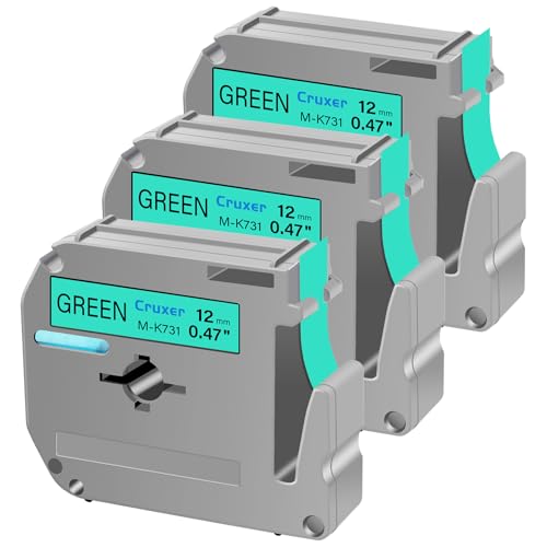 Cruxer 3 Packung Ersatz für P Touch M Schriftbänder M-K731 MK731 M731 M-K731s, Schwarz auf Grün, 12 mm, 0,47 1/2, für Ptouch PT-M95 PT-80 PT-90 PT-70 PT-65 PT-85 PT-45 PT-70BM Etikettendrucker von Cruxer