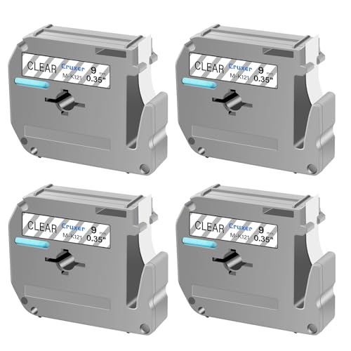 Cruxer 4 Packung Ersatz für P Touch M-K121 MK121 M121 Schwarz auf Klar 9mm 0,35 3/8 M Klebeband Klar für Ptouch PT-M95 PT-80 PT-90 PT-70 PT-55 PT-65 PT-85 PT-45 PT-70BM PT-100 Etikettendrucker von Cruxer