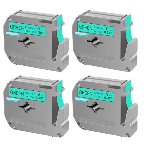 Cruxer 4 Packung Ersatz für P Touch M-K721 MK721 M721 Schwarz auf Grün 9mm 0,35 3/8 M Klebeband Grün für Ptouch PT-M95 PT-80 PT-90 PT-70 PT-55 PT-65 PT-85 PT-45 PT-70BM PT-100 Etikettendrucker von Cruxer