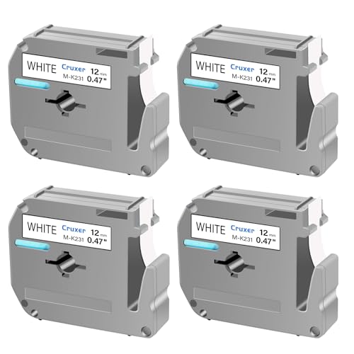 Cruxer 4 Packung Ersatz für P Touch M Schriftbänder M-K231 MK231 M231 M-K231s, Schwarz auf Weiß, 12 mm, 0,47 1/2, für Ptouch PT-M95 PT-80 PT-90 PT-70 PT-65 PT-85 PT-45 PT-70BM Etikettendrucker von Cruxer
