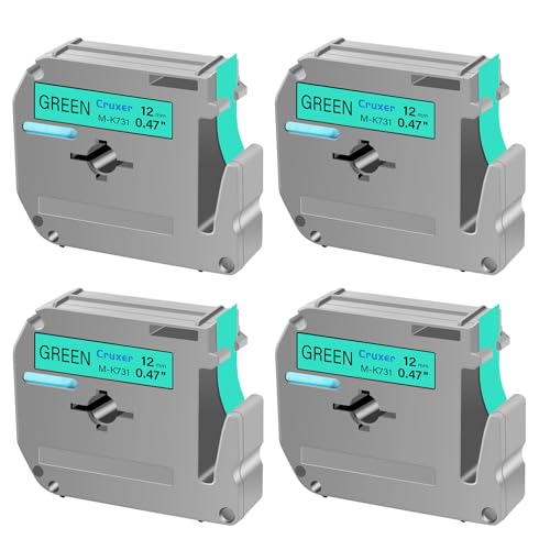 Cruxer 4 Packung Ersatz für P Touch M Schriftbänder M-K731 MK731 M731 M-K731s, Schwarz auf Grün, 12 mm, 0,47 1/2, für Ptouch PT-M95 PT-80 PT-90 PT-70 PT-65 PT-85 PT-45 PT-70BM Etikettendrucker von Cruxer
