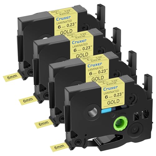 Cruxer 4er-Packung Kompatibel für P-touch TZe-811 TZe811 TZ-811 TZ811 6mm 0,23'' Laminierte Bänder Schwarz auf Gold, Schriftband Ersatz für PT-D200 PT-D210 PT-D400 PT-D450 D600 H100 1230PC Maker von Cruxer