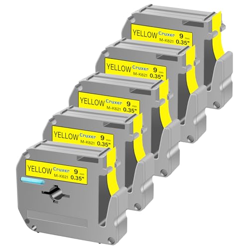 Cruxer 5 Packung Ersatz für P Touch M-K621 MK621 M621 Schwarz auf Gelb 9mm 0,35 3/8 M Klebeband Gelb für Ptouch PT-M95 PT-80 PT-90 PT-70 PT-55 PT-65 PT-85 PT-45 PT-70BM PT-100 Etikettendrucker von Cruxer