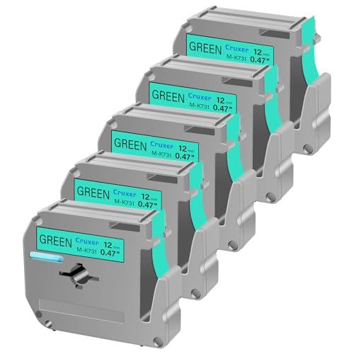 Cruxer 5 Packung Ersatz für P Touch M Schriftbänder M-K731 MK731 M731 M-K731s, Schwarz auf Grün, 12 mm, 0,47 1/2, für Ptouch PT-M95 PT-80 PT-90 PT-70 PT-65 PT-85 PT-45 PT-70BM Etikettendrucker von Cruxer