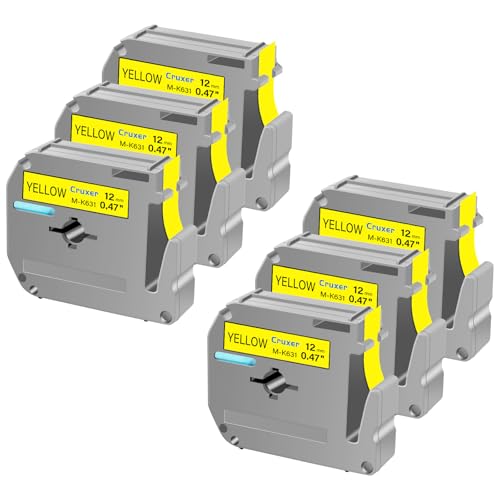 Cruxer 6 Packung Ersatz für P Touch M Schriftbänder M-K631 MK631 M631 M-K631s, Schwarz auf Gelb, 12 mm, 0,47 1/2, für Ptouch PT-M95 PT-80 PT-90 PT-70 PT-65 PT-85 PT-45 PT-70BM Etikettendrucker von Cruxer